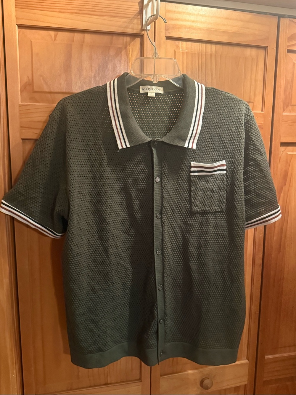 Olive Short-Sleeve Knit Polo with Striped Trim